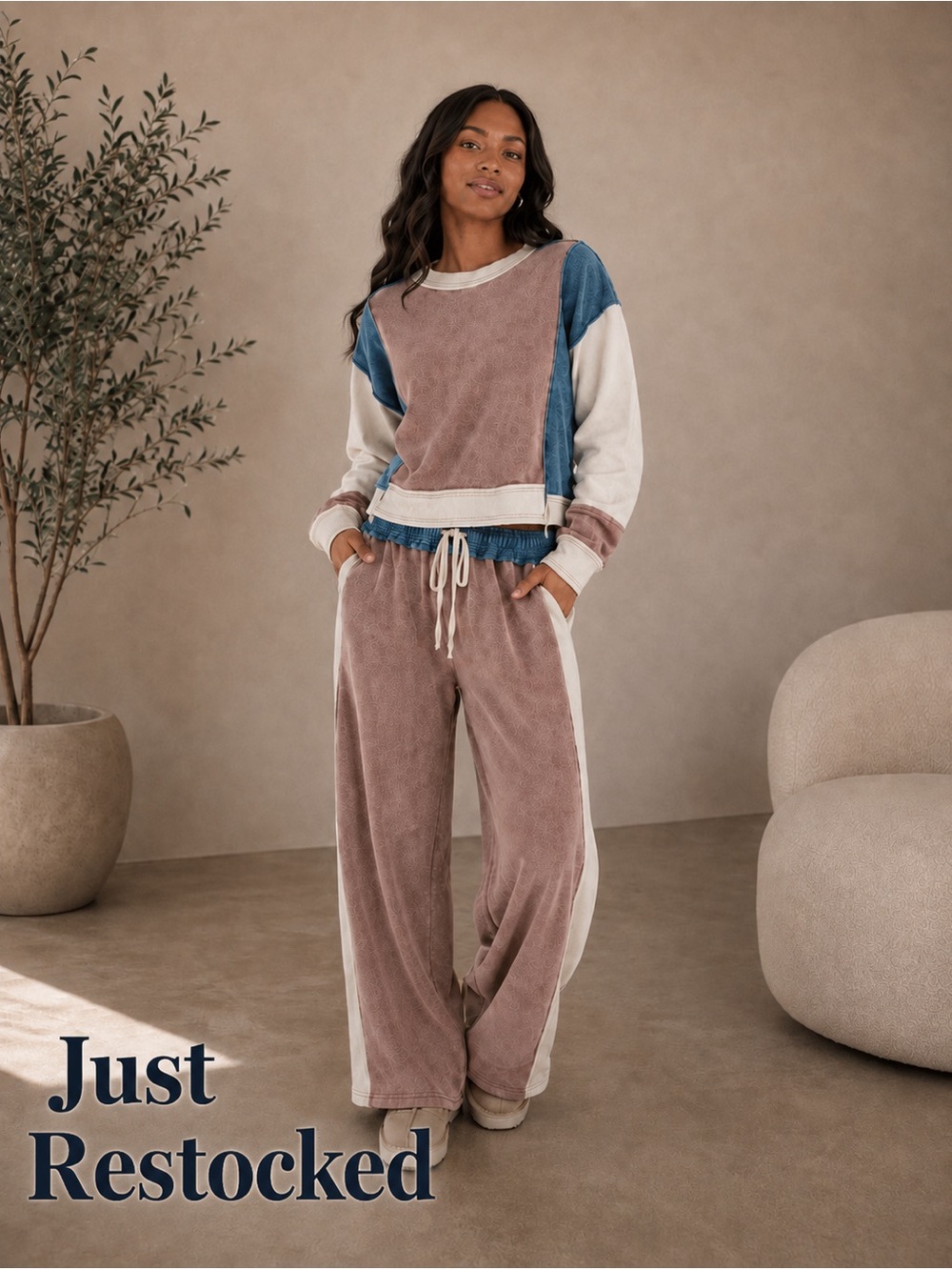 357. Women's Cozy Colorblock Brown Sugar & Cream Lounge Set